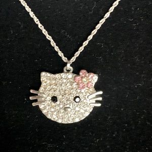 Vintage “Hello kitty”with pink flower on ear rhinestone necklace. Rare